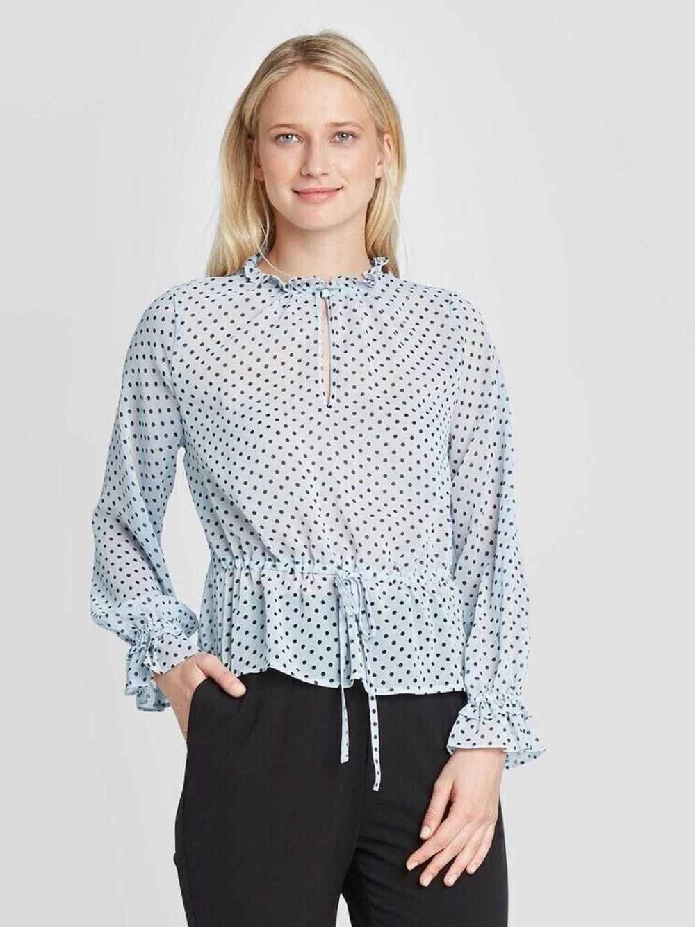 Who What Wear Light Blue Polka Dot Tie-Front Blouse XL